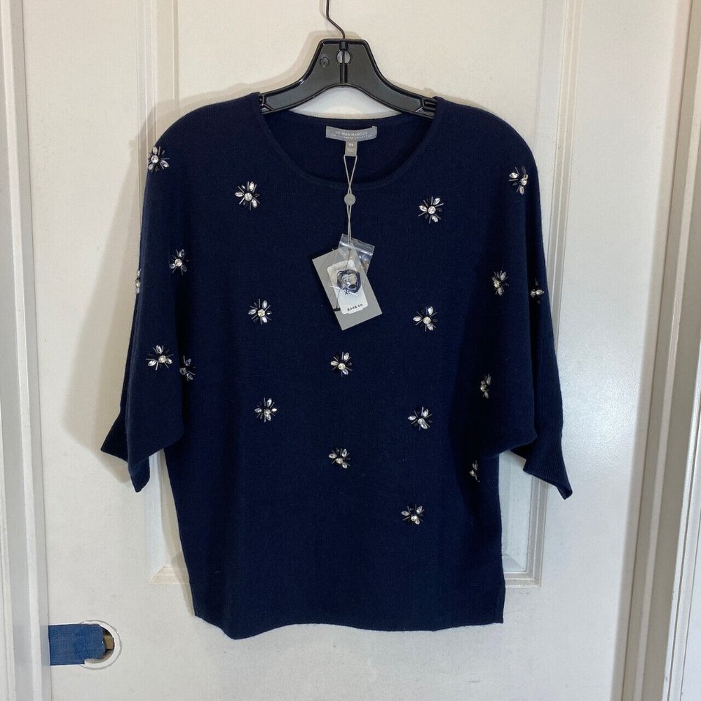Neiman Marcus Cashmere Embellished Navy Blue Sweater - Picture 8 of 8